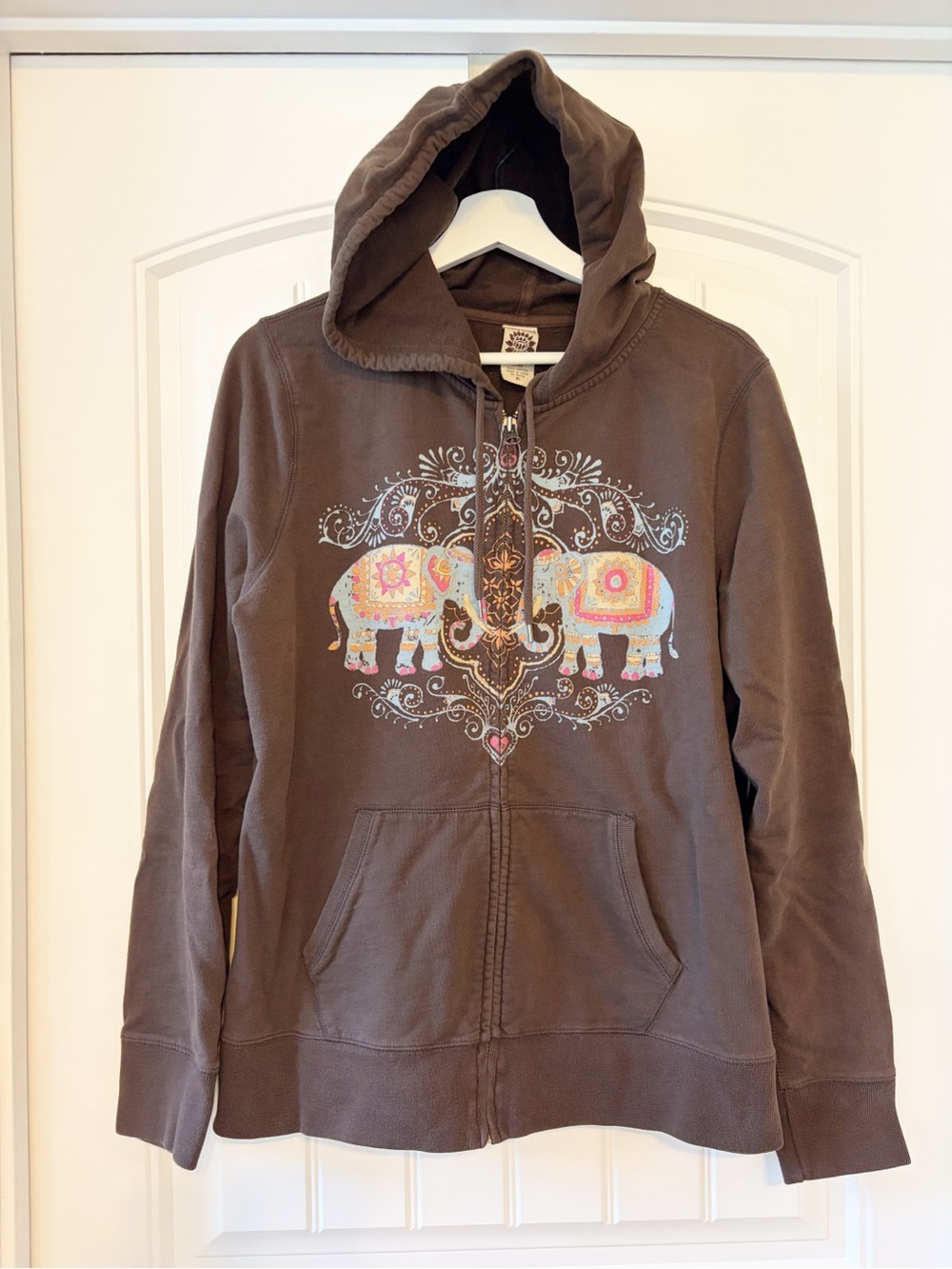 VINTAGE Lucky Brand Brown Zip-Up Hoodie with Colorful Elephant Motif